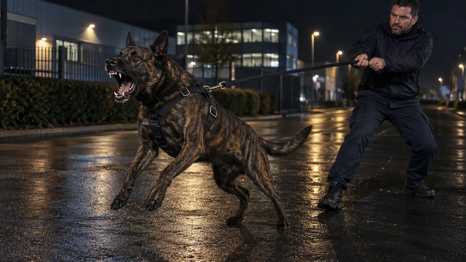 Security dog handler controlling an alert working dog during a night exercise